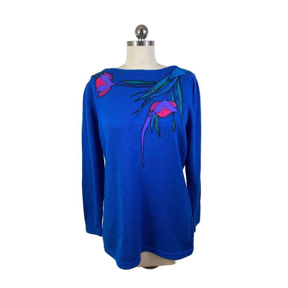 Umi Collections by Anne Crimmins VTG Y2K Womens Sweater Large Blue Floral Fairy